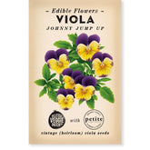 Packaging of 'Little Veggie Patch Co Voila "Johnny Jump Up" Heirloom Seeds' featuring a colorful image of the viola flowers on the front.