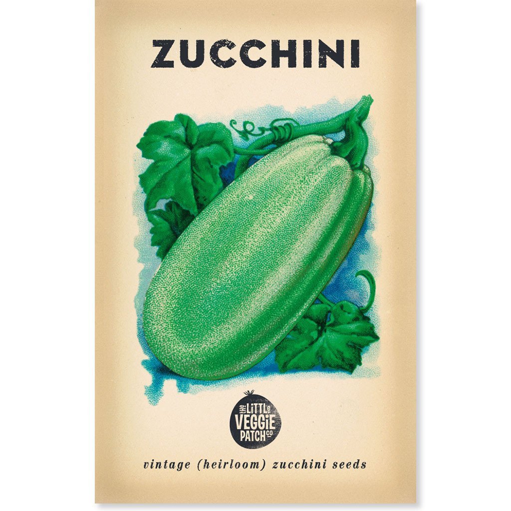 Packaging for Little Veggie Patch Co 'Black Beauty' heirloom zucchini seeds featuring an illustration of a zucchini with leaves in the background.