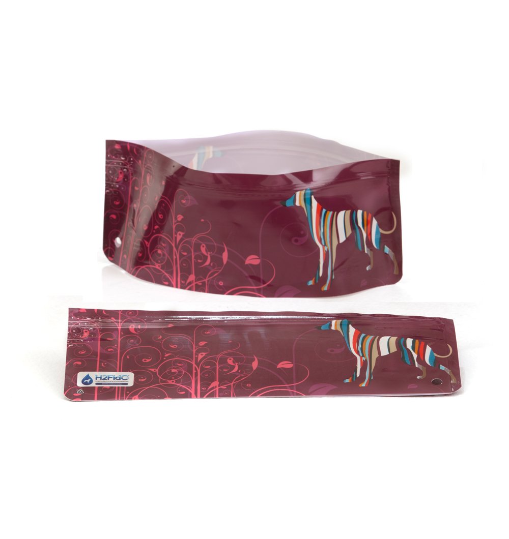 Two Modgy Whippet Good Expandable and Collapsible Travel Dog Water Bowl with a maroon base color and a graphic design of a whippet dog. One bowl is shown with the zip closed and the other with the zip open displaying the bowl's interior.