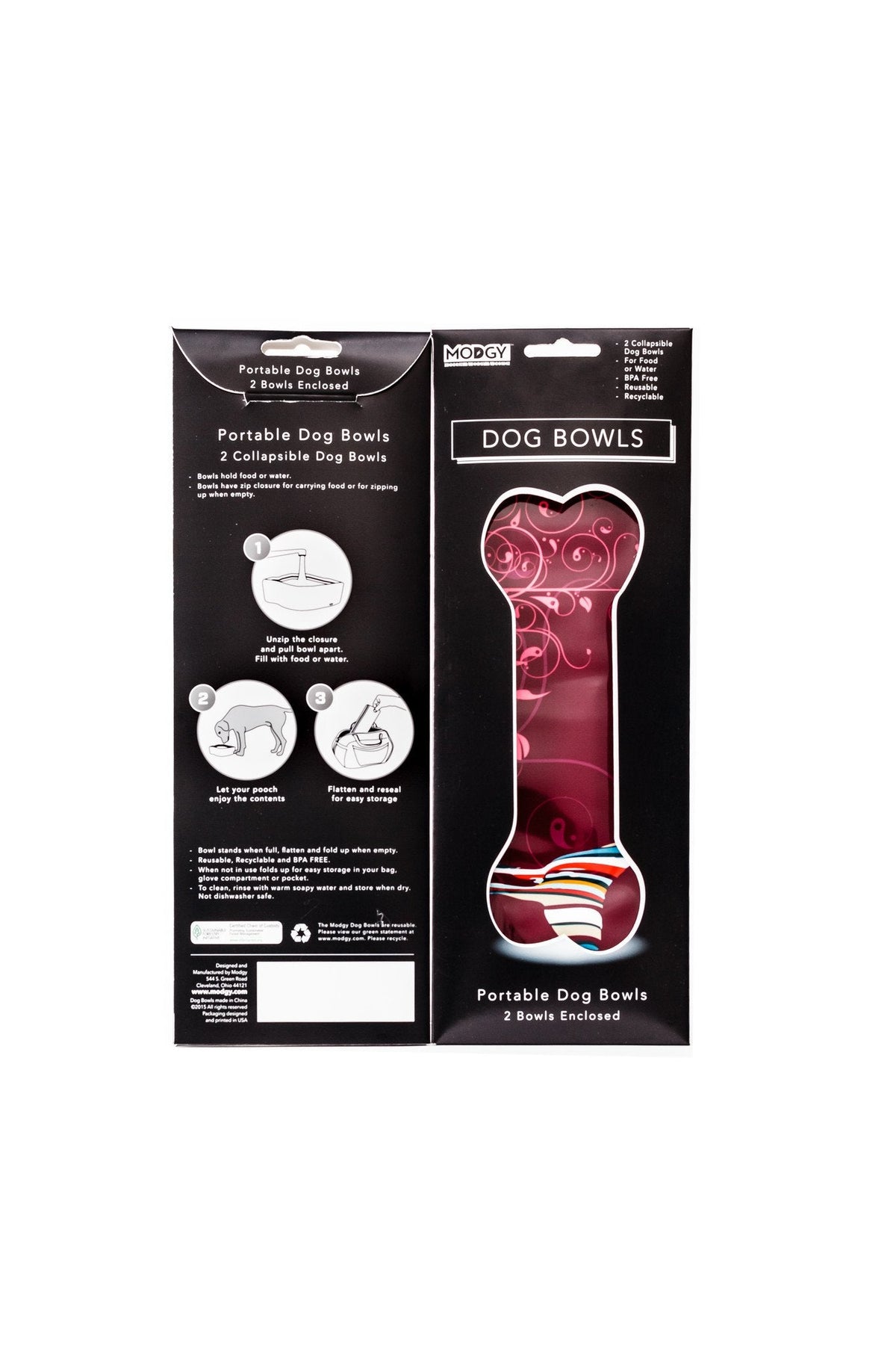 Modgy Portable Collapsible Dog Bowls Product Retail Packaging Front and Back.