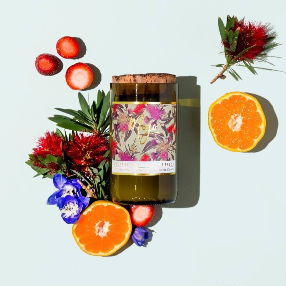 Mojo Candle CoMojo BOTTLEBRUSH - Australiana Reclaimed Wine Bottle Soy Wax Candle #same day gift delivery melbourne#
