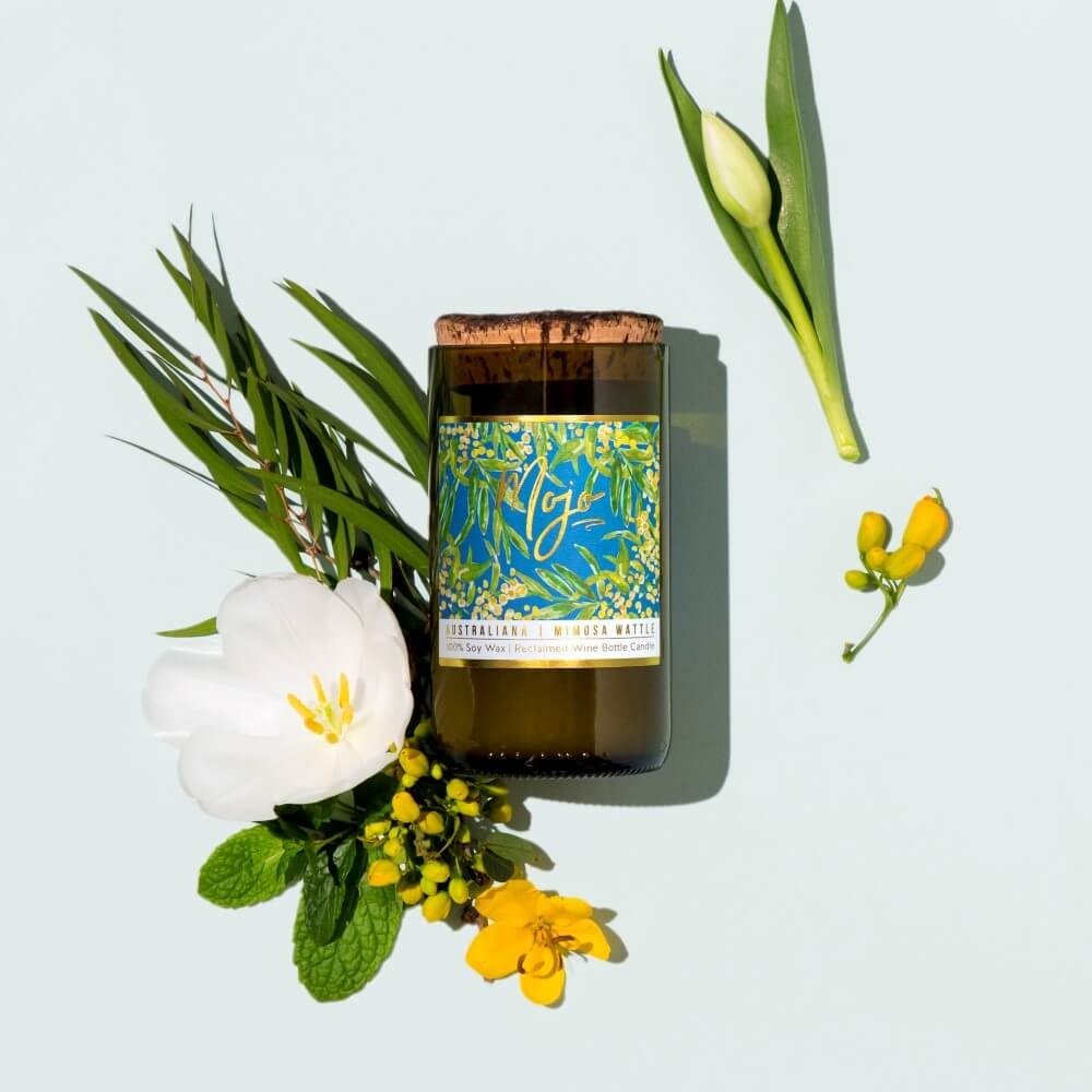 Mojo Candle CoMojo MIMOSA WATTLE - Australiana Reclaimed Wine Bottle Soy Wax Candle #same day gift delivery melbourne#