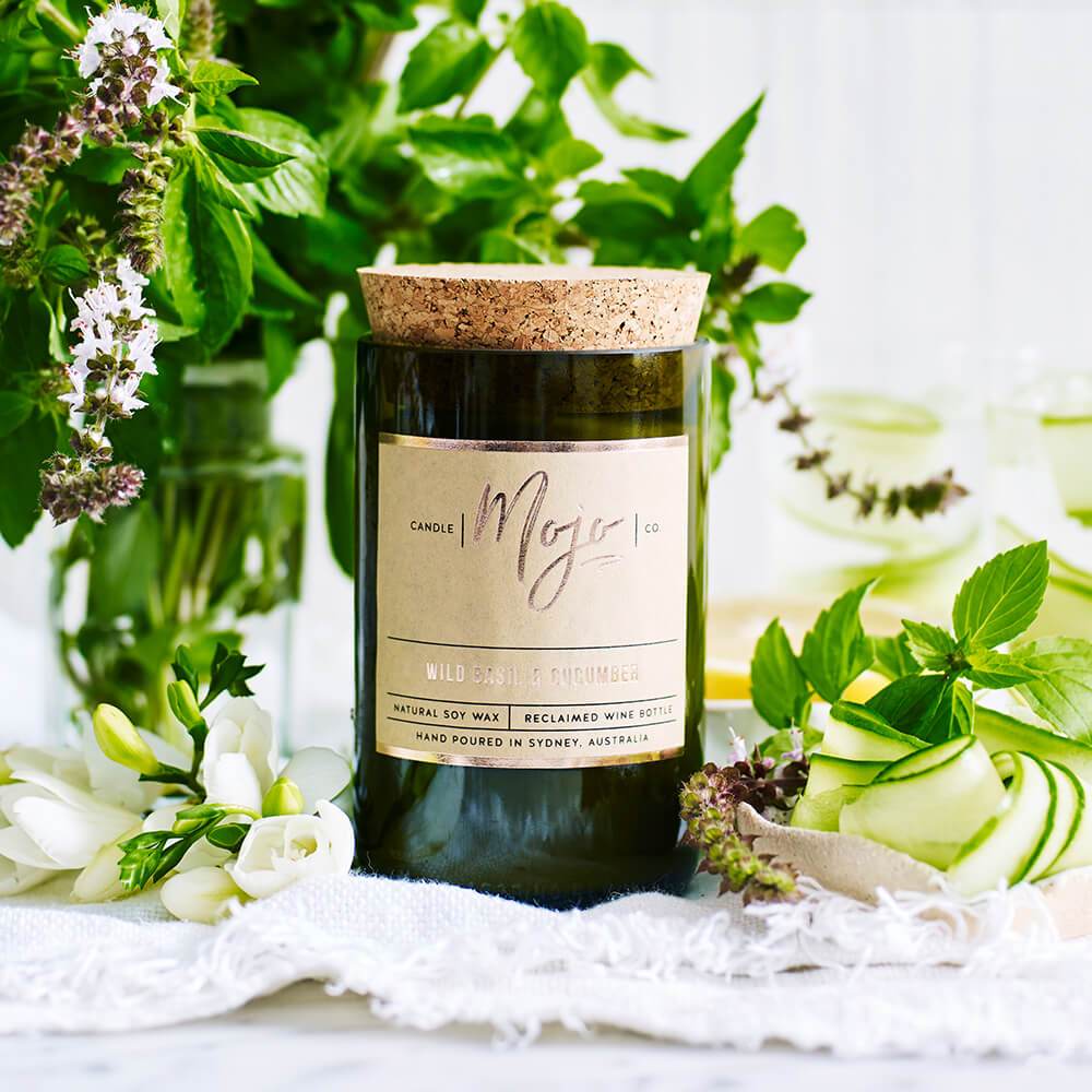 Mojo Candle CoMojo Wild Basil and Cucumber Wine Bottle Candle #same day gift delivery melbourne#