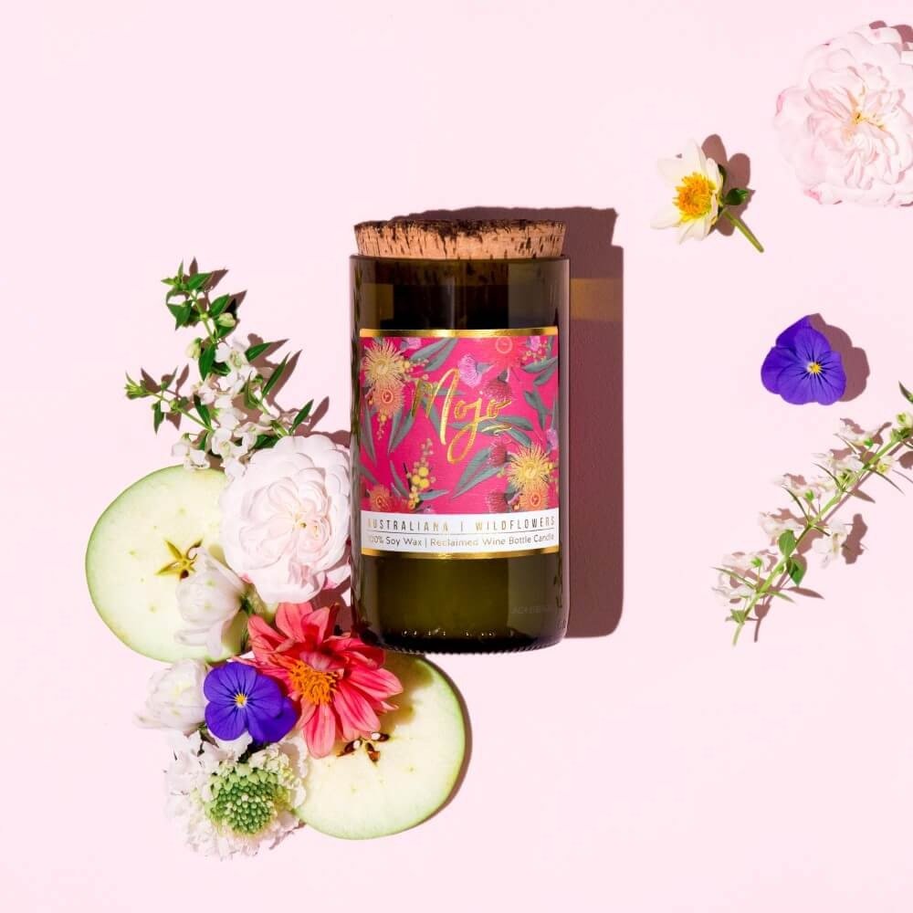 Mojo WILD FLOWERS- Australiana Reclaimed Wine Bottle Soy Wax Candle