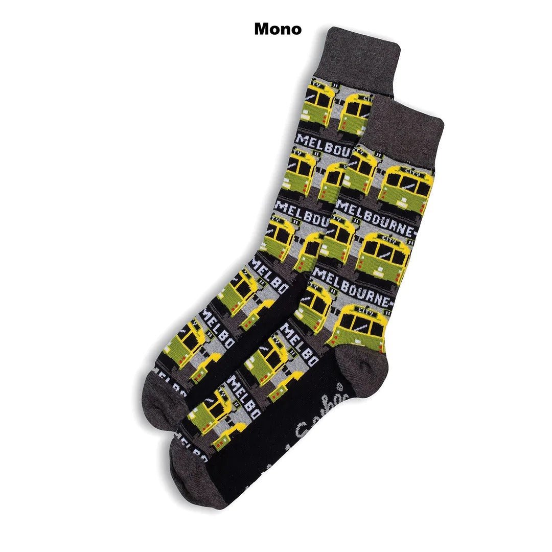 Otto and Spike Bing Bing Melbourne Tram socks with colourful geometric pattern