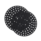 Seed & Sprout round silicone air fryer mat set of two in black, featuring a perforated mesh design for optimal air circulation.
