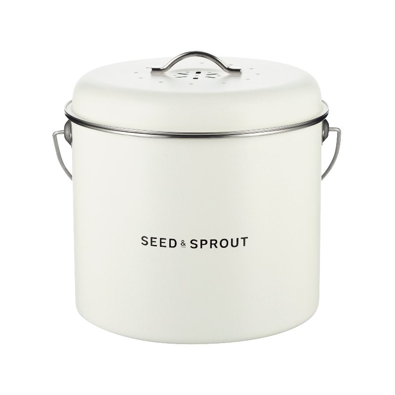 Seed & Sprout kitchen compost bin in mushroom white featuring a vented lid, side handles, and subtle brand logo.