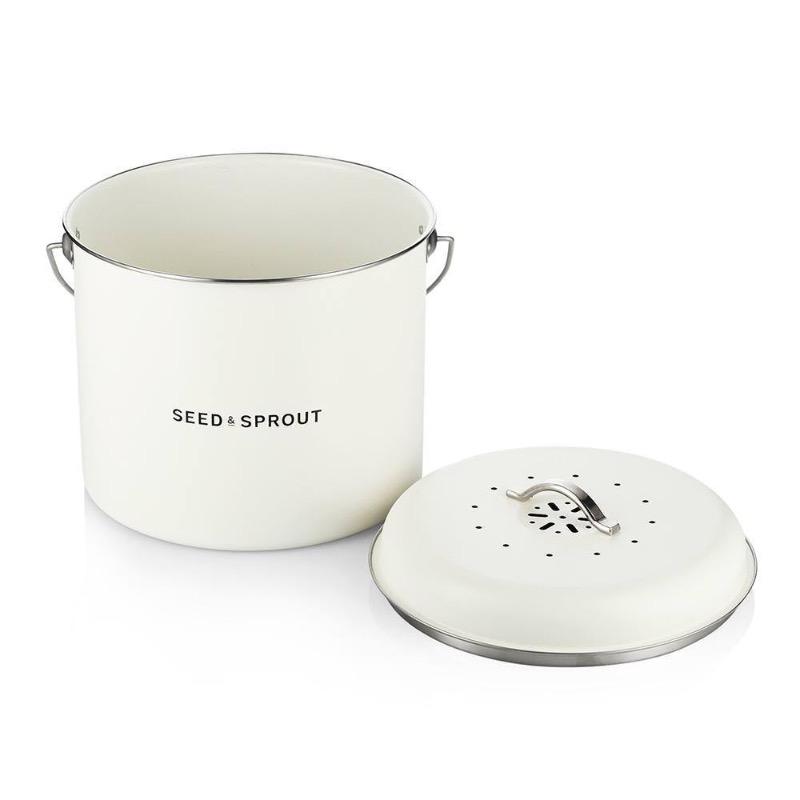 Seed & Sprout open kitchen compost bin in mushroom white with its vented charcoal-filter lid resting beside it.