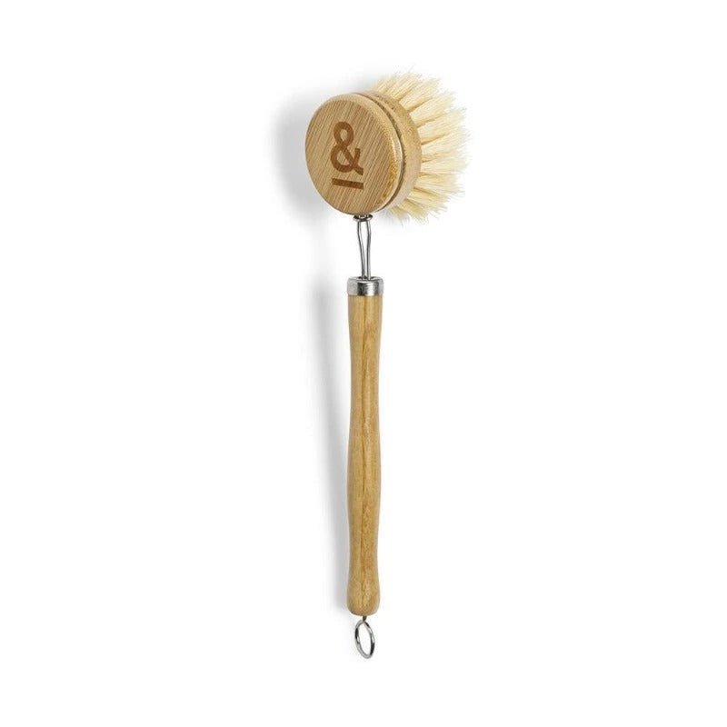Seed & Sprout assembled wooden dish brush with plant-based bristles, a wire metal neck.