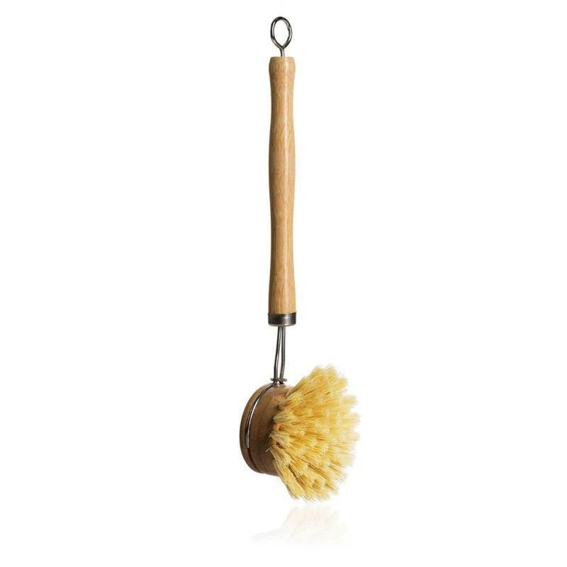Seed & Sprout wooden dish brush with long timber handle, steel hanging loop, and replaceable sisal bristle head.