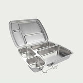 eed & Sprout Large CrunchBox stainless steel bento lunch box open to display multiple interior compartments and a secure latch.
