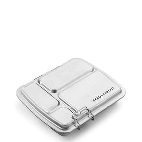 Seed & Sprout Large CrunchBox closed stainless steel bento lunch box featuring an engraved brand logo and secure front latch.