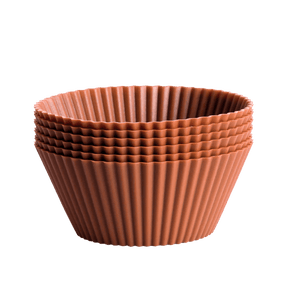 Seed & Sprout large cocoa silicone muffin cups stacked neatly together.