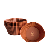 Seed & Sprout large silicone muffin cups in cocoa set of 6, featuring a stacked column and a single cup displaying the brand's "&" logo.