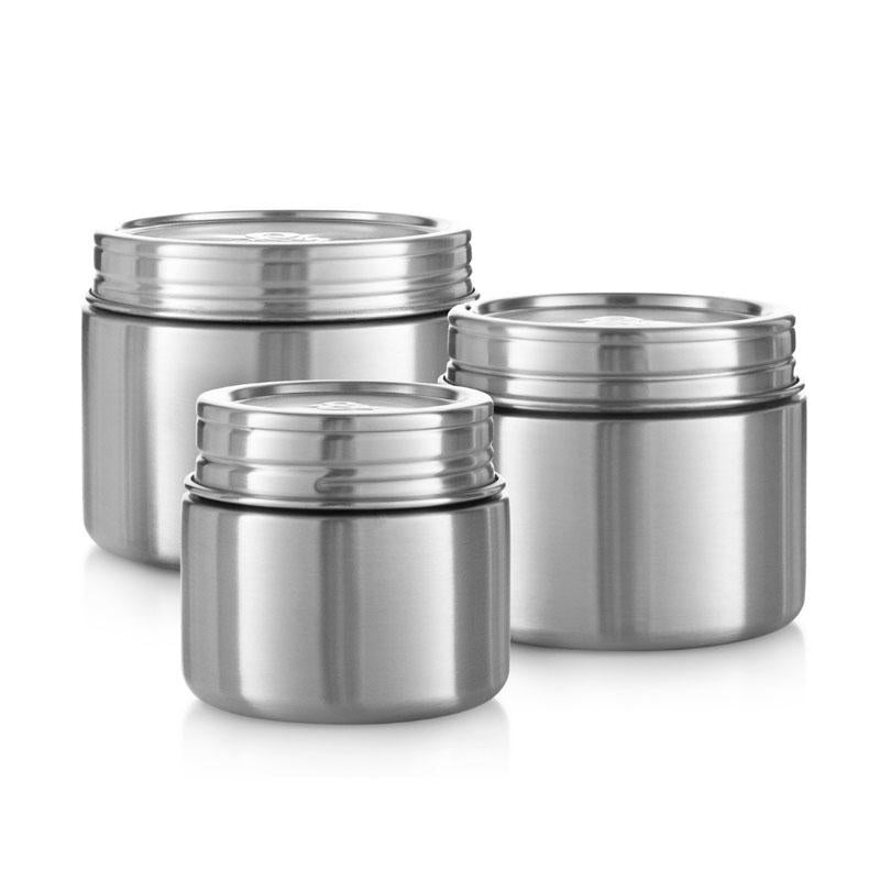 Seed & Sprout Tufferware stainless steel snack container trio in three mixed sizes featuring secure threaded lids.