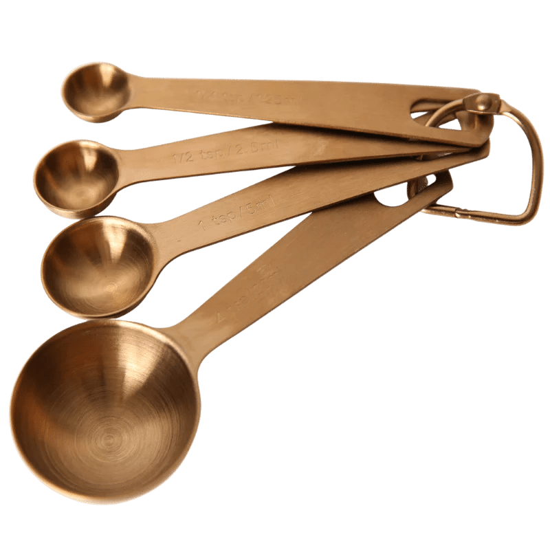 Seed & Sprout brass-toned stainless steel measuring spoon set of four linked on a removable ring.