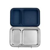 Seed & Sprout Mini CrunchBox stainless steel lunch box open to show two divided internal compartments and an indigo silicone-lined lid.