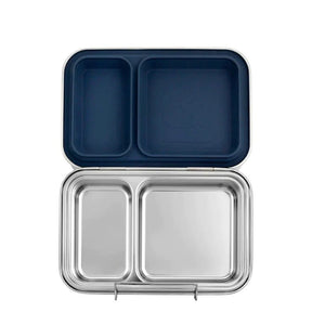 Seed & Sprout Mini CrunchBox stainless steel lunch box open to show two divided internal compartments and an indigo silicone-lined lid.