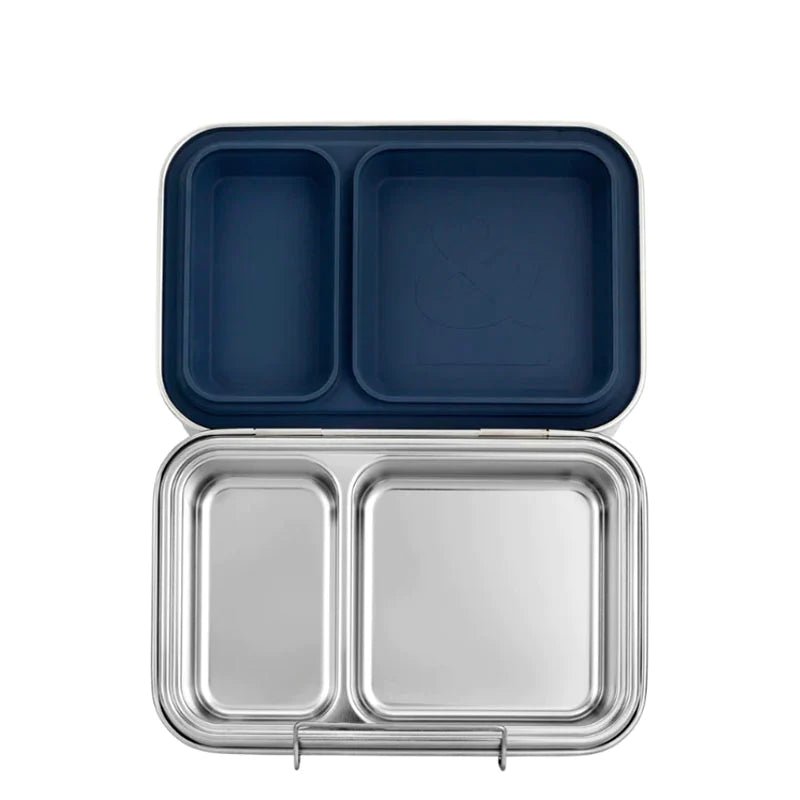 Seed & Sprout Mini CrunchBox stainless steel lunch box open to show two divided internal compartments and an indigo silicone-lined lid.