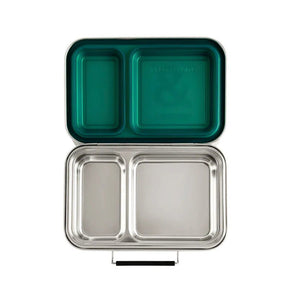 Seed & Sprout Mini CrunchBox stainless steel lunch box open to show two divided internal compartments and a juniper silicone-lined lid.