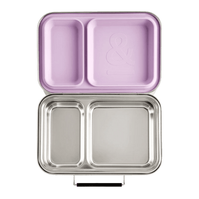 Seed & Sprout Mini CrunchBox stainless steel lunch box open to show two divided internal compartments and an orchid silicone-lined lid.