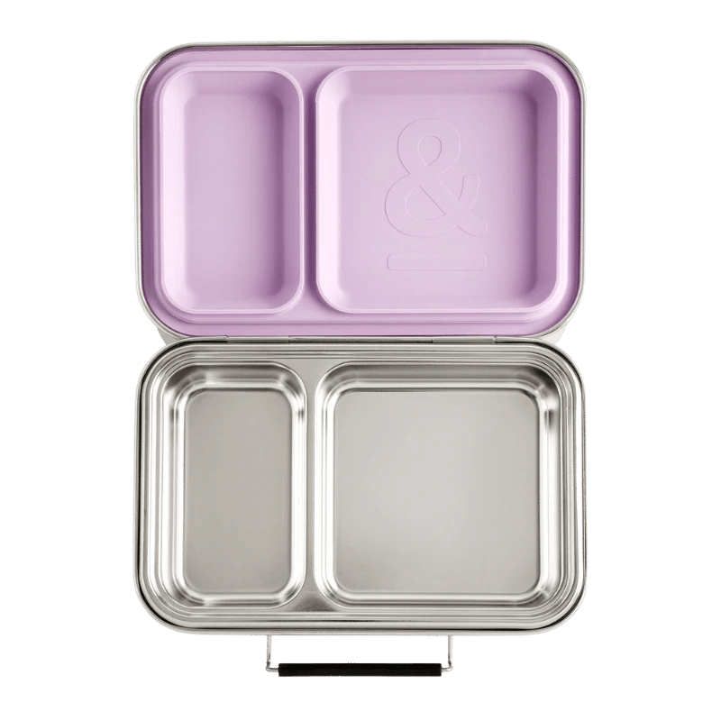 Seed & Sprout Mini CrunchBox stainless steel lunch box open to show two divided internal compartments and an orchid silicone-lined lid.