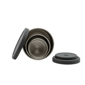 Seed & Sprout stainless steel nesting containers stacked neatly inside one another with matching grey silicone lids