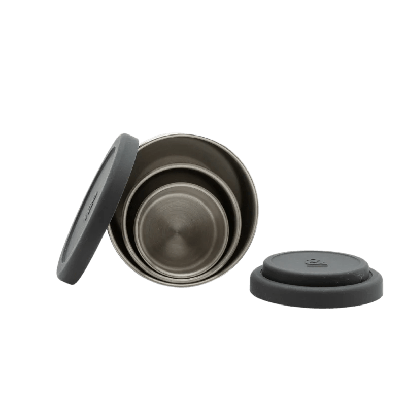 Seed & Sprout stainless steel nesting containers stacked neatly inside one another with matching grey silicone lids