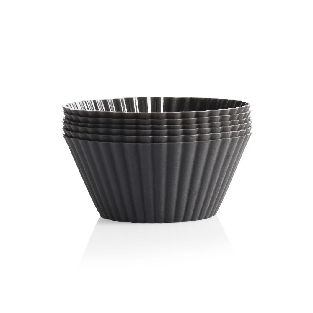 Stack of 6 graphite grey Seed & Sprout silicone muffin cups.