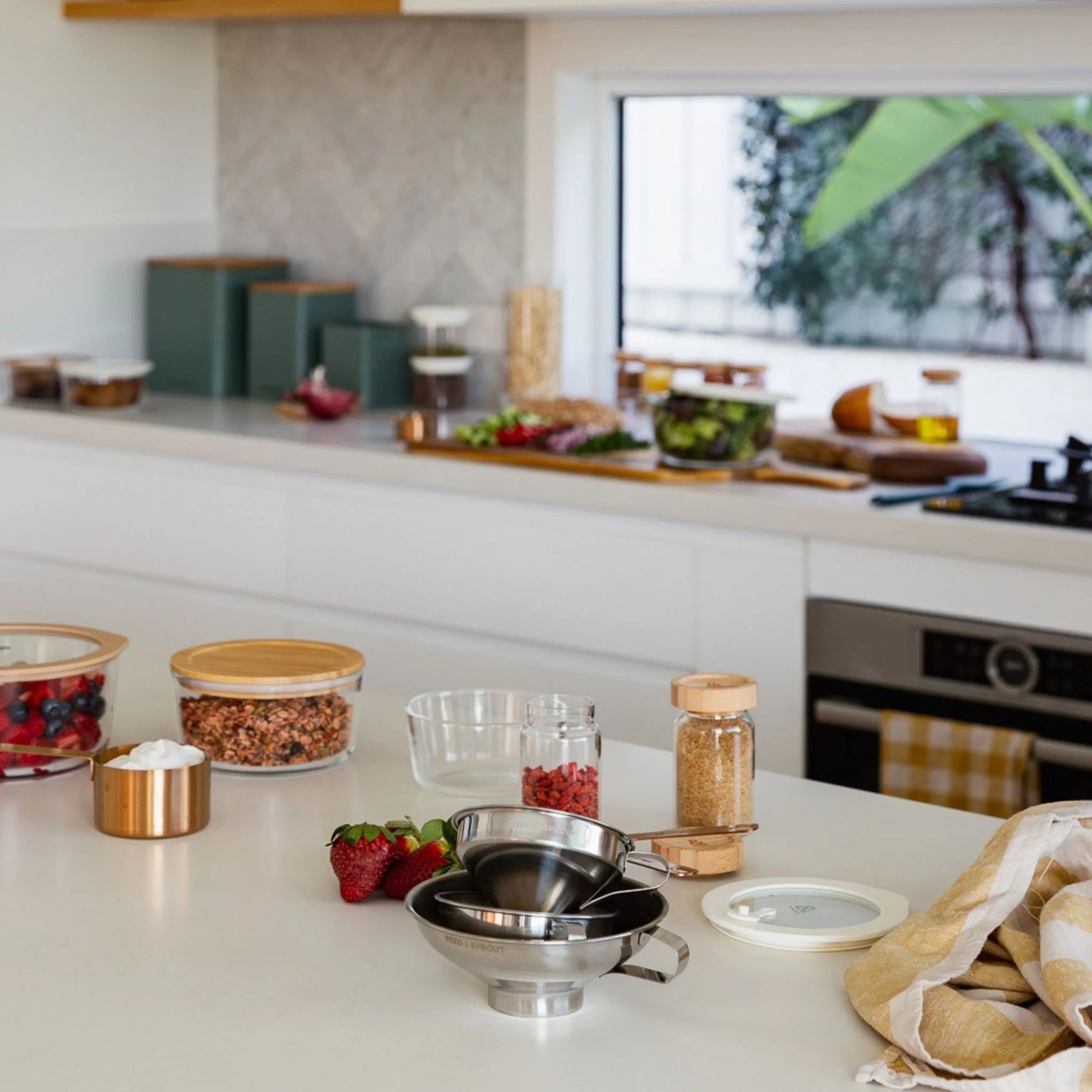 Seed & Sprout stainless steel funnel set displayed on a modern kitchen countertop alongside zero-waste food storage containers and fresh produce.