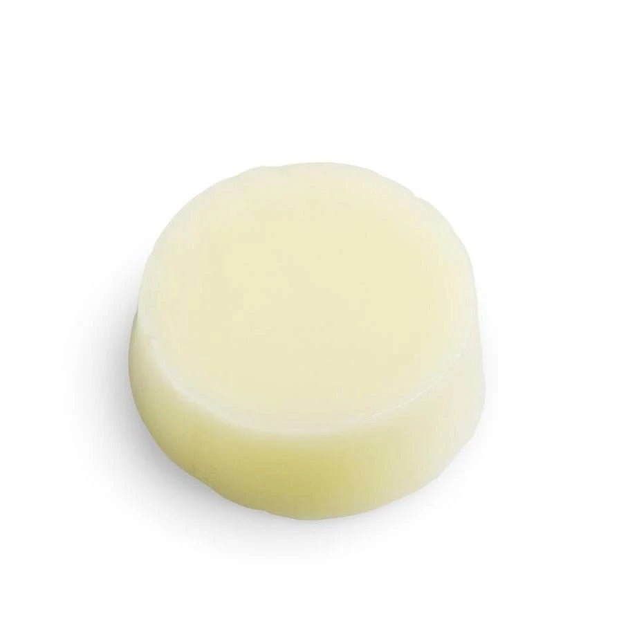 High-angle studio view of the Seed & Sprout Sweet Orange conditioner bar highlighting its smooth circular shape and creamy pale tone.